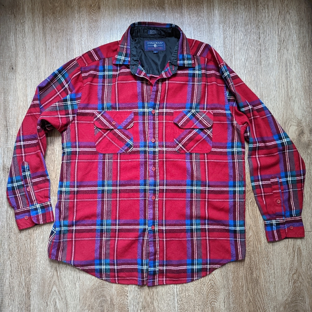 Coleman Men's Flannel Plaid Button Up Shirt Size L Red Blue Outdoor